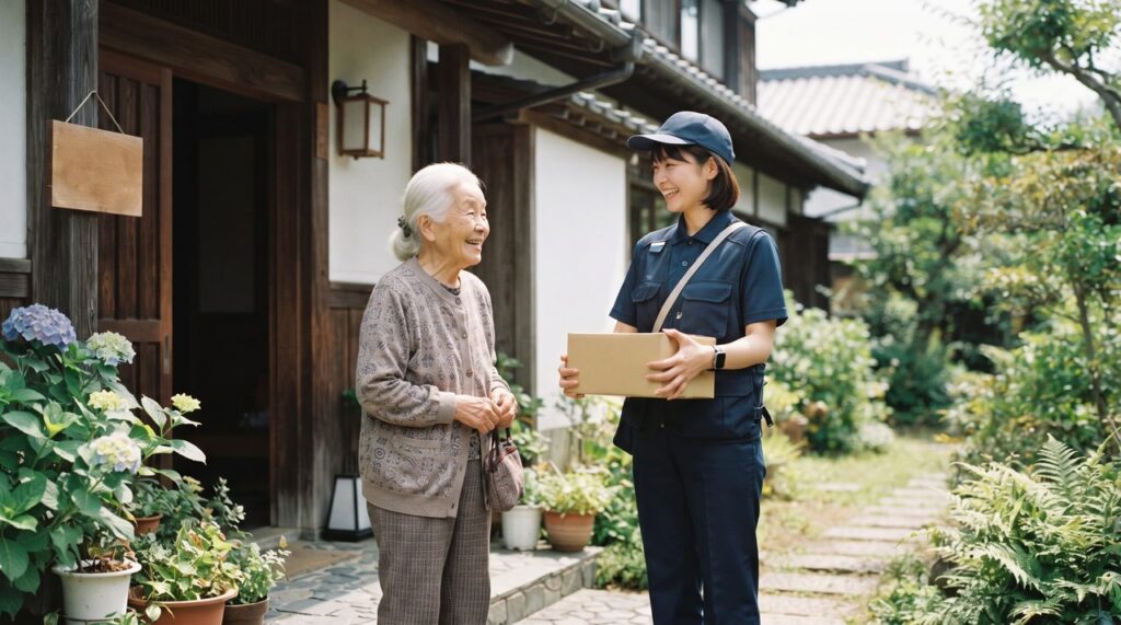 郵便局員風の制服を着た訪問スタッフが、戸建て住宅の玄関先で高齢の女性と笑顔で会話をしている様子