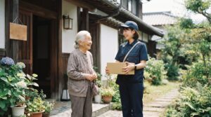郵便局員風の制服を着た訪問スタッフが、戸建て住宅の玄関先で高齢の女性と笑顔で会話をしている様子