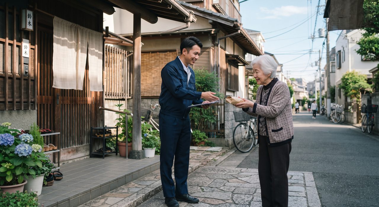 制服姿の訪問スタッフが、日本の住宅街の玄関先で高齢の女性に荷物のようなものを手渡している様子