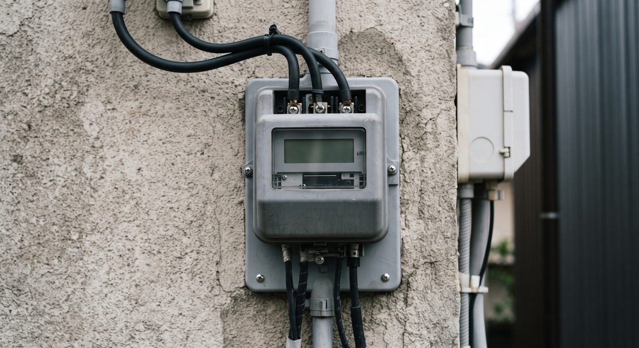 住宅の外壁に設置されたデジタル式のスマートメーター(電力量計)と配線のクローズアップ