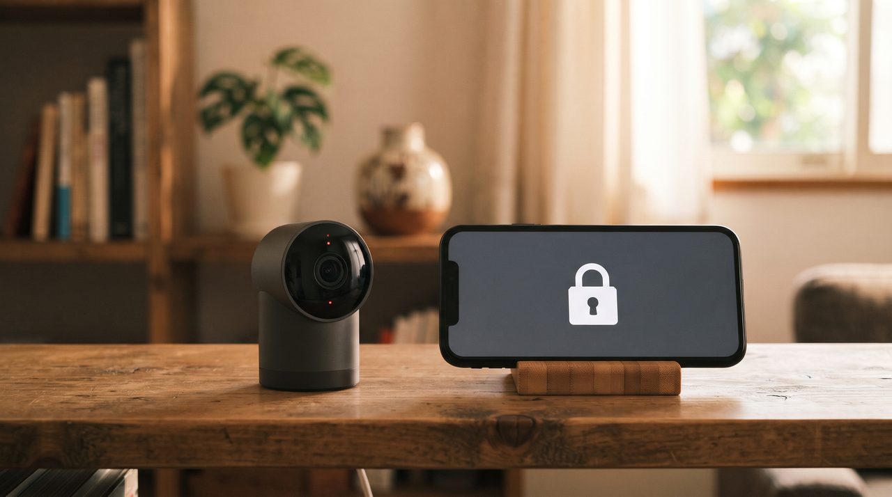 室内に置かれた小型の見守りカメラの隣に、鍵のアイコンが表示されたスマートフォンが置かれている様子