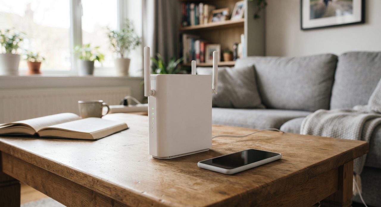 リビングのテーブルの上に置かれた家庭用Wi-Fiルーターと、その隣にあるスマートフォン