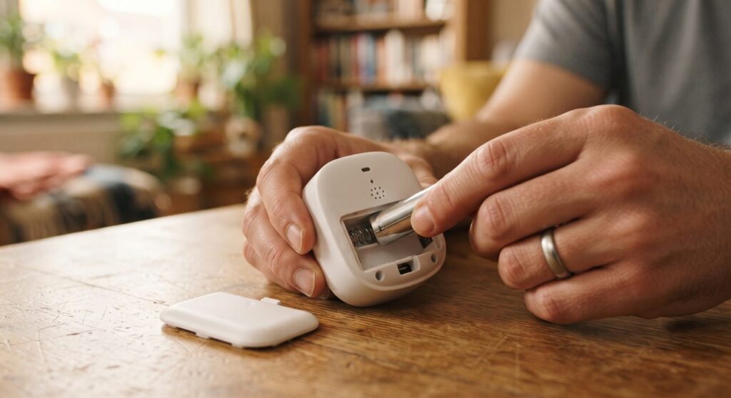 見守りセンサー機器の電池カバーを開けて、ドライバーで電池を交換している手元