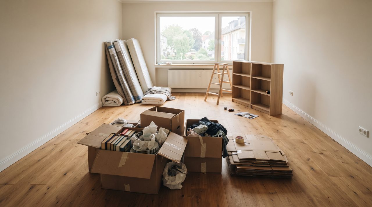 引っ越し先の新しい住まいのリビングで、開梱途中の段ボール箱と荷物が置かれている様子