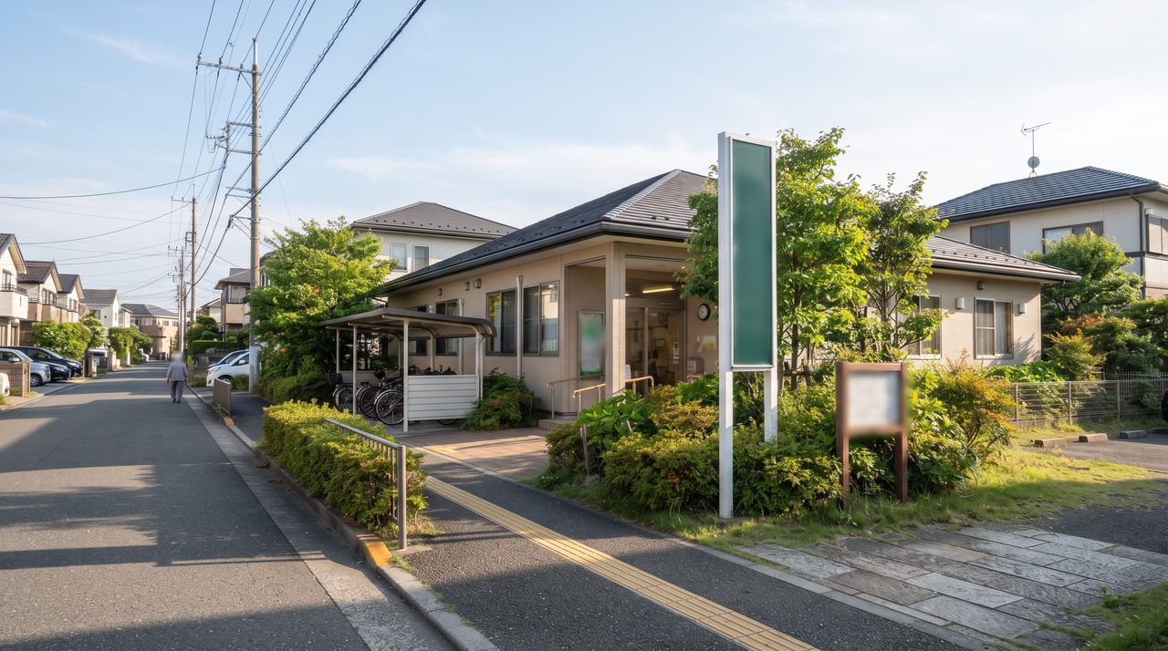 落ち着いた住宅街の中にある市区町村の福祉相談窓口の建物を少し離れた位置から見た外観の引きのショット