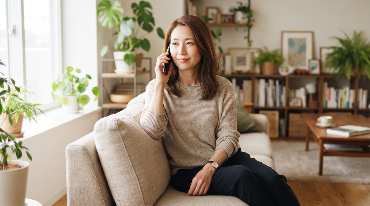 40代くらいの女性がリビングのソファに座り、スマートフォンを耳に当てて親に電話をかけ、落ち着いた表情で応答を待っている様子
