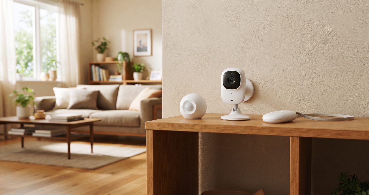 リビングの棚の上に並べられた、人感センサー型・カメラ型・ペンダント型の見守り機器3種類