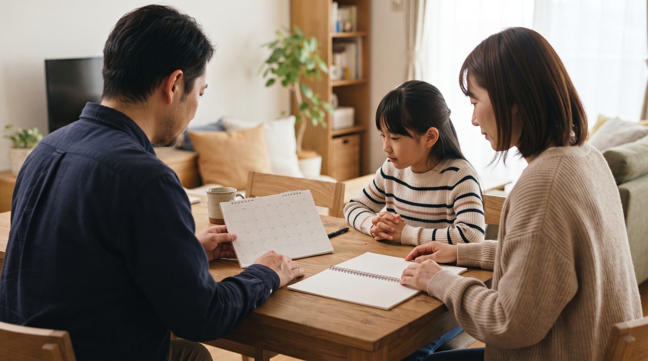 リビングのテーブルを囲んで、カレンダーとメモを見ながら家族で話し合っている様子
