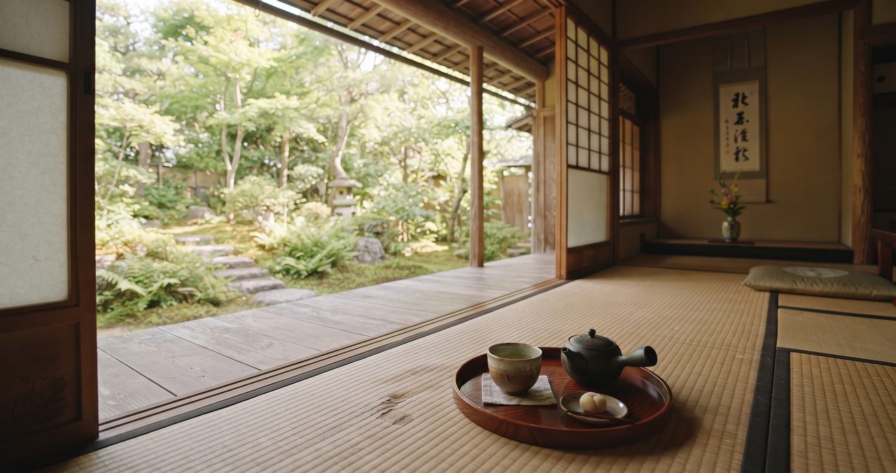 縁側でお茶を飲むイメージの和室の写真