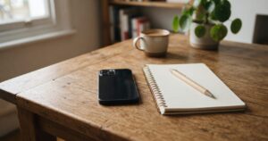スマートフォンとメモ帳が置かれたテーブルの写真
