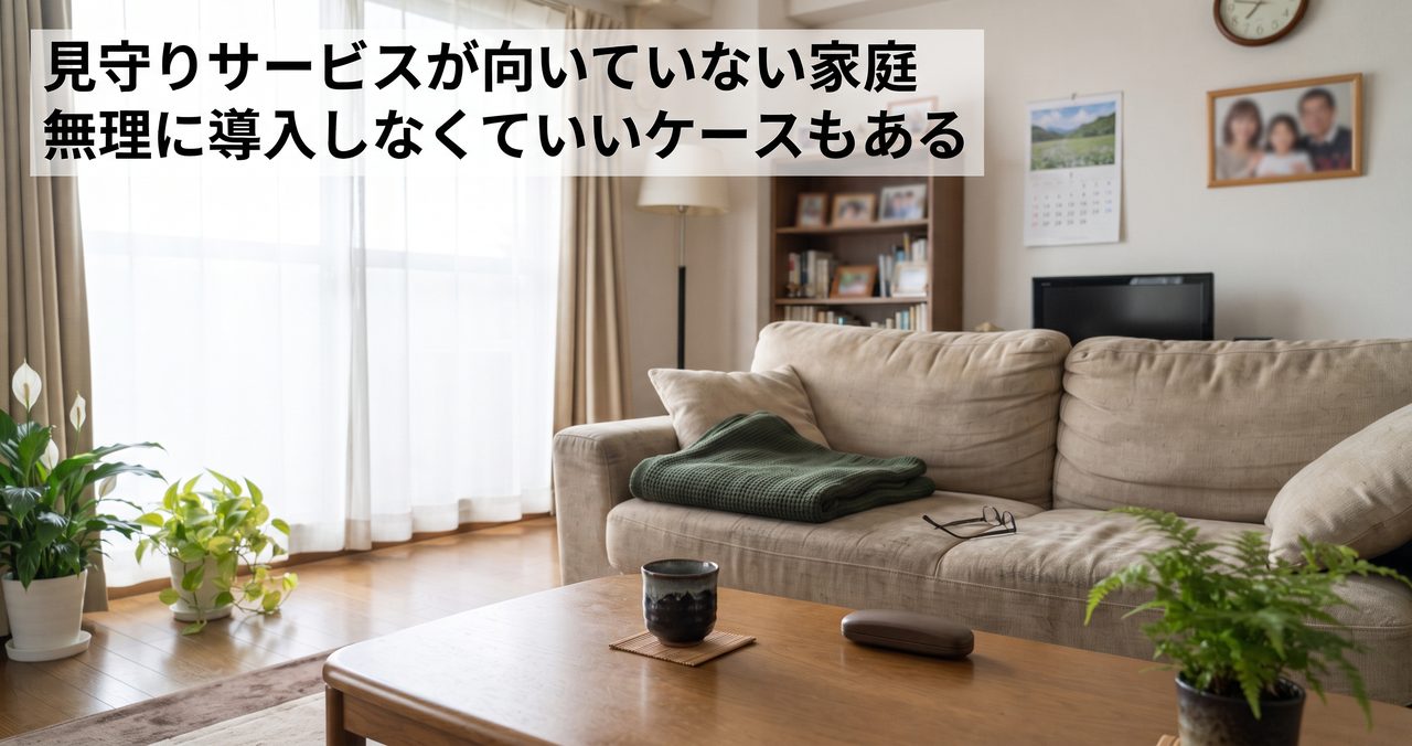 高齢の親が一人で暮らす家庭の、ひざ掛けと老眼鏡が置かれた落ち着いたリビングの写真。子どものおもちゃなどはなく、シニアの生活感がある構図
