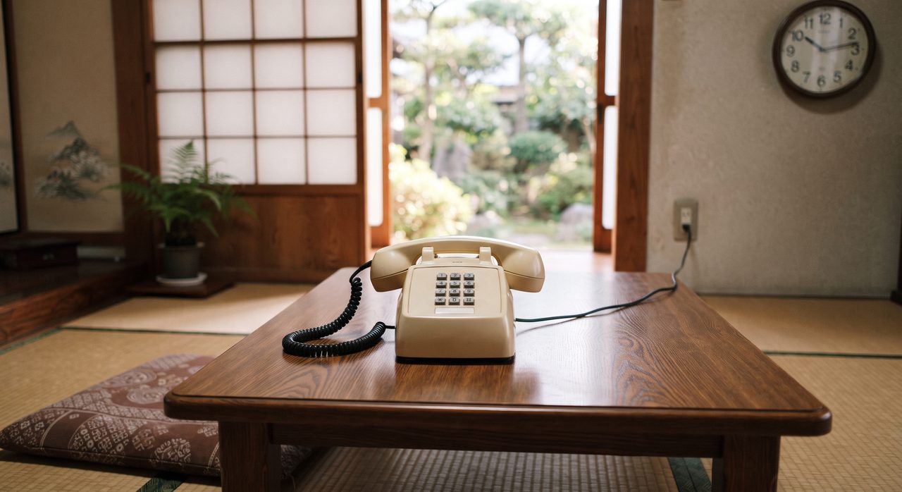 木製の座卓に置かれたクリーム色の据え置き型固定電話。受話器は本体上部のクレードルに1本だけ置かれ、コイル状のコードで本体とつながっている。背景には障子越しに見える日本庭園、壁の丸い掛け時計、山水画の掛け軸、観葉植物のシダ、畳敷きの和室の様子