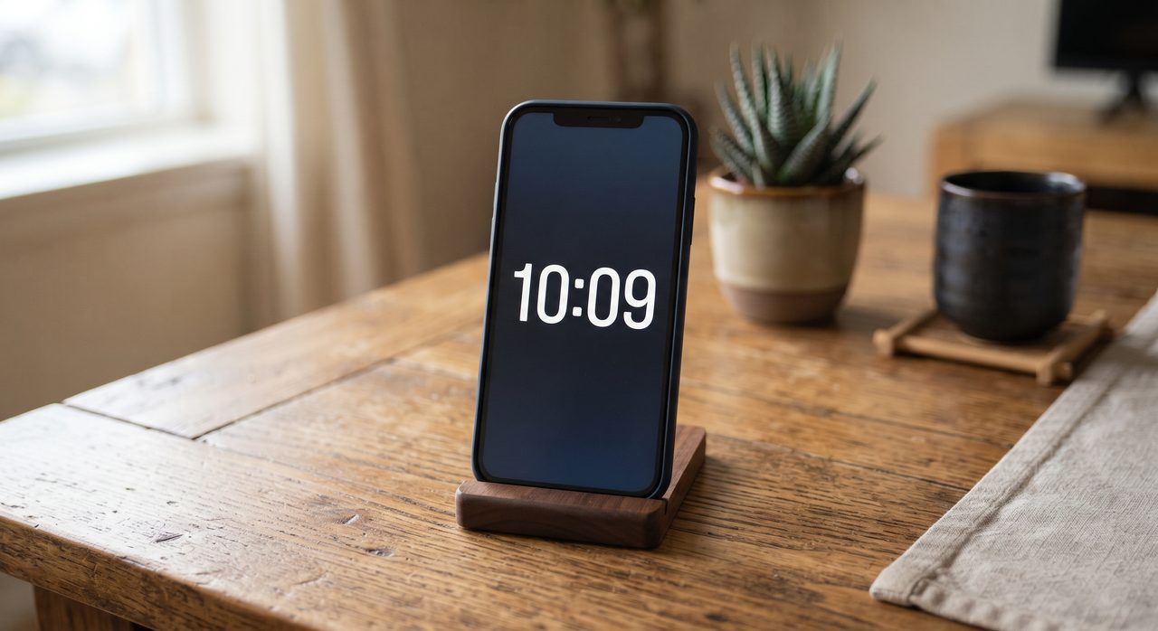 木製スタンドに立てかけられたスマートフォンのロック画面に、大きな文字サイズで「10:09」という時刻だけが表示されている写真
