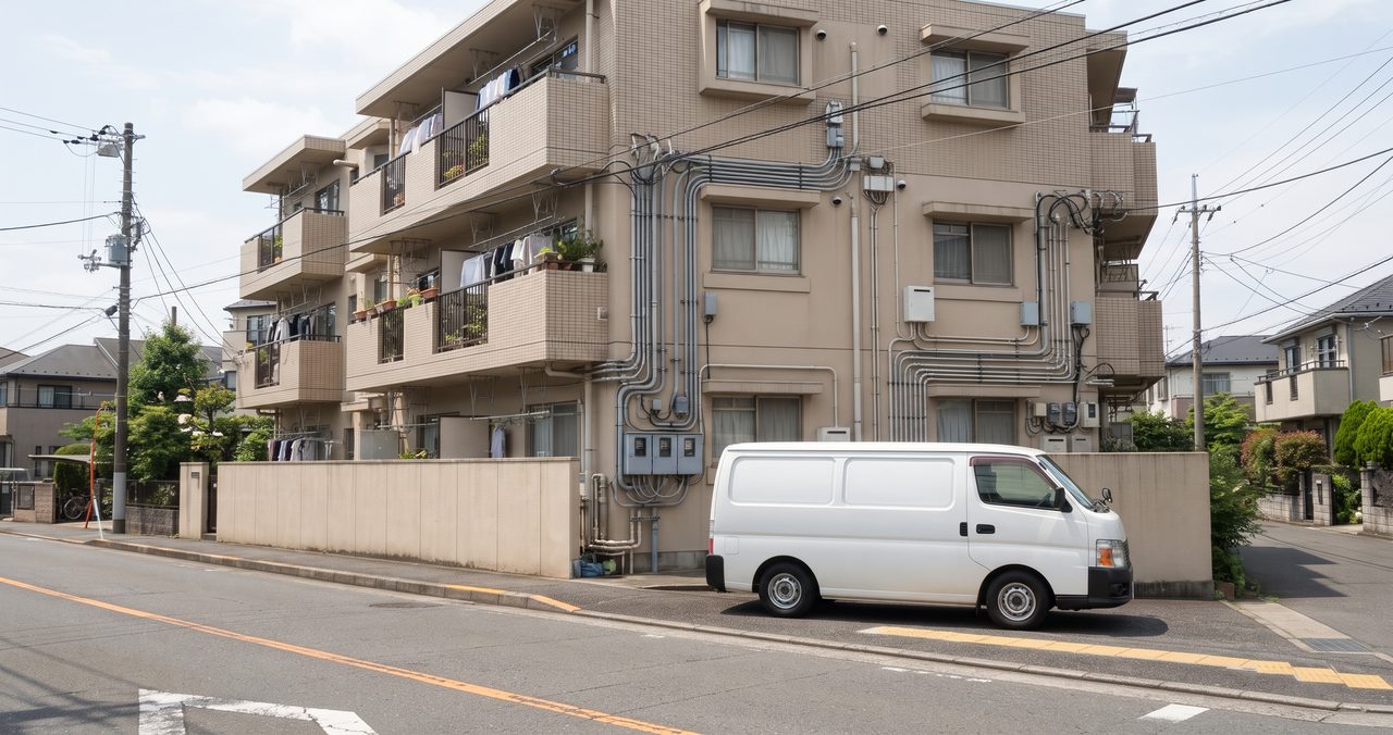 集合住宅の外壁に沿って配線・配管が取り付けられ、路肩に無地の白い作業用バンが停まっている屋外の引きのショット、人物は写っていない