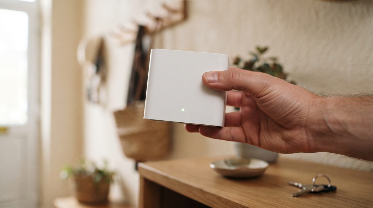 木製の電話台に置かれた白いWi-Fiルーターらしき機器を、片手で持ち上げてランプの点灯を確認している手元のクローズアップ
