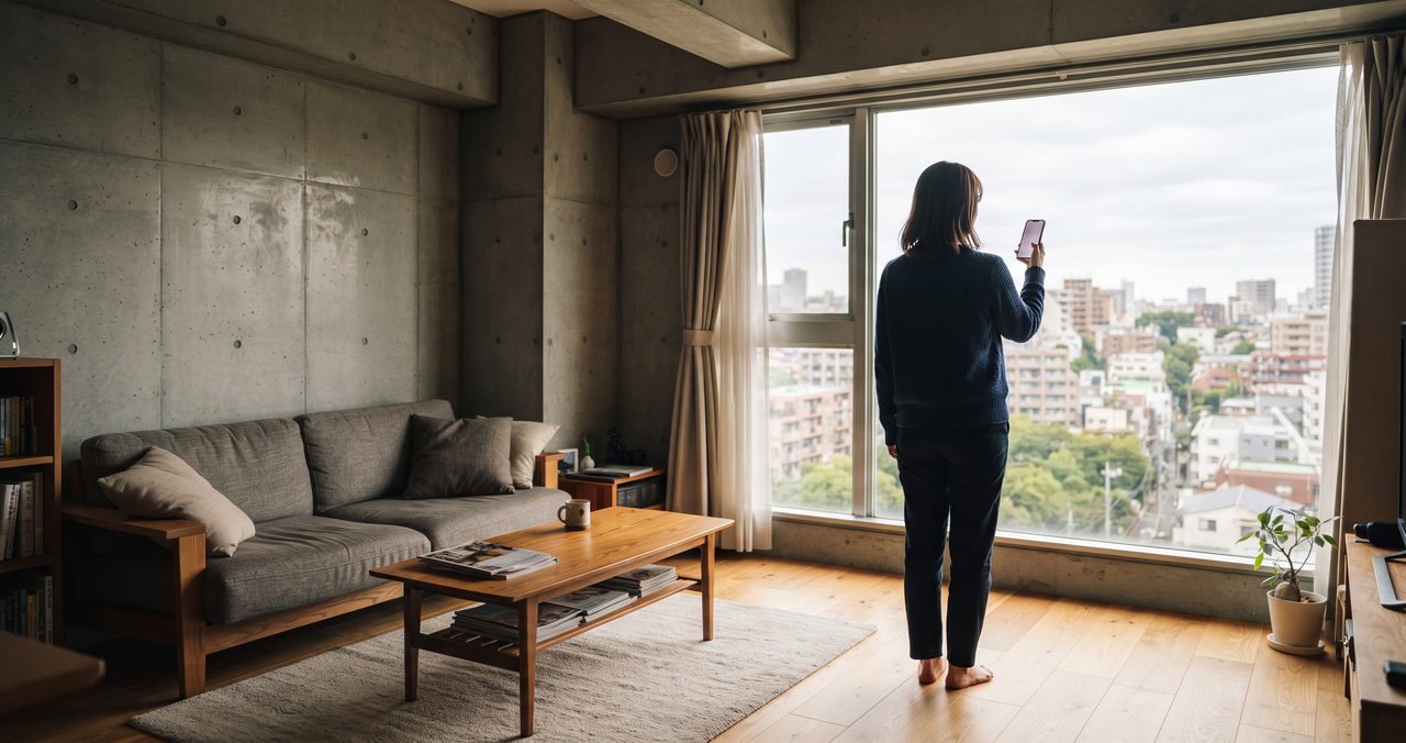 鉄筋コンクリート調のマンションの奥まったリビングで、窓際に立ちスマートフォンを顔の高さに掲げて電波状況を確認している人物の後ろ姿、部屋全体を写した引きのショット