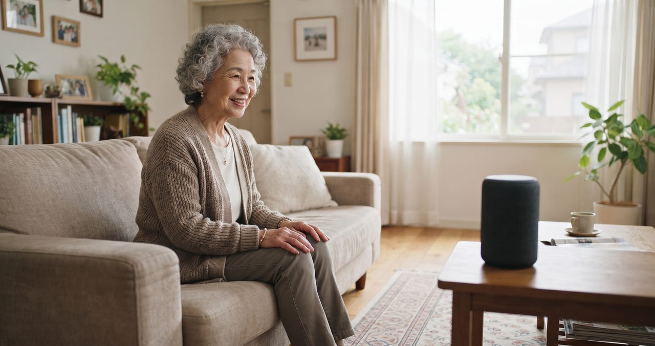明るいリビングのソファに座った高齢の女性が、少し離れたサイドテーブルに置かれた円柱形の小型スピーカーに向かって話しかけている引きのショット、スピーカーは後景でぼんやりしており文字は判読できない