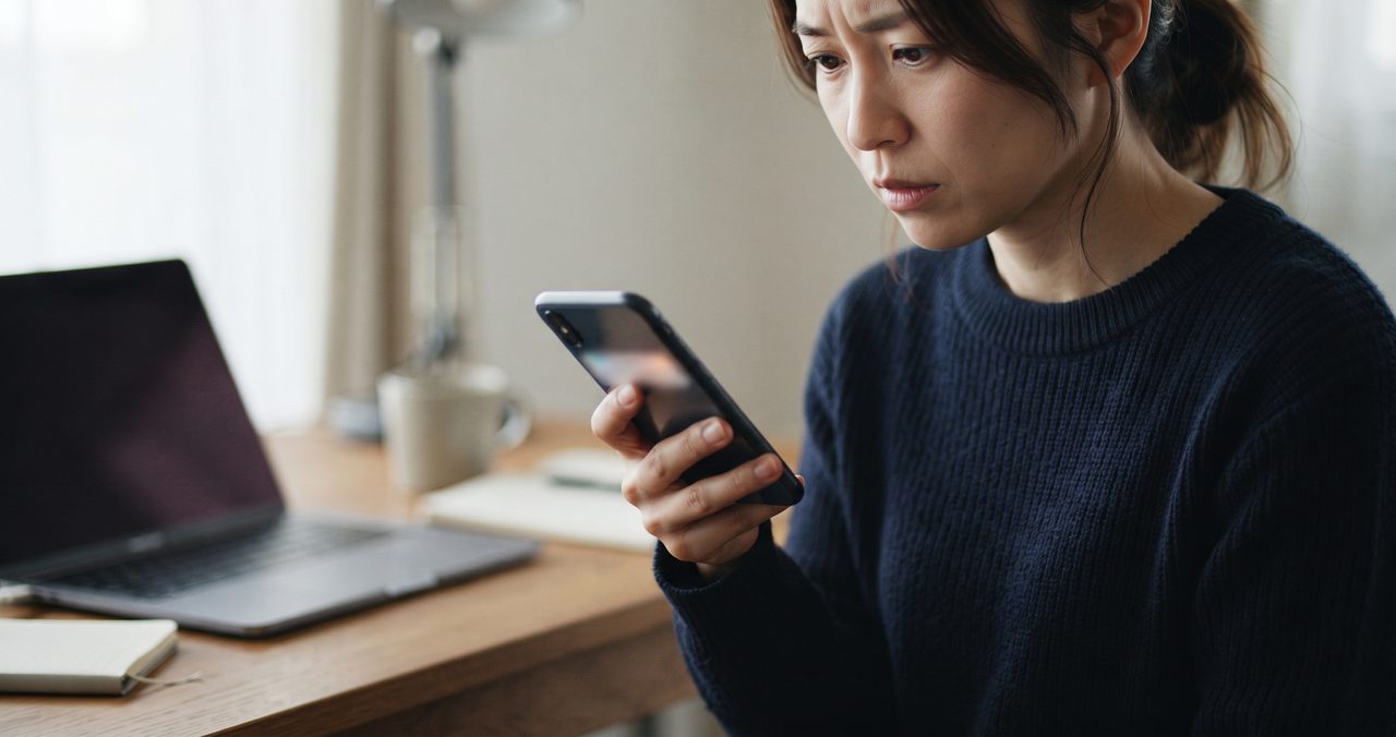 オフィスのデスクで、スマートフォンの画面(文字は判読できない程度にぼかされた通知風のUI)を片手で確認しながら少し心配そうな表情を浮かべる子世代とみられる人物の手元と胸元のクローズアップ