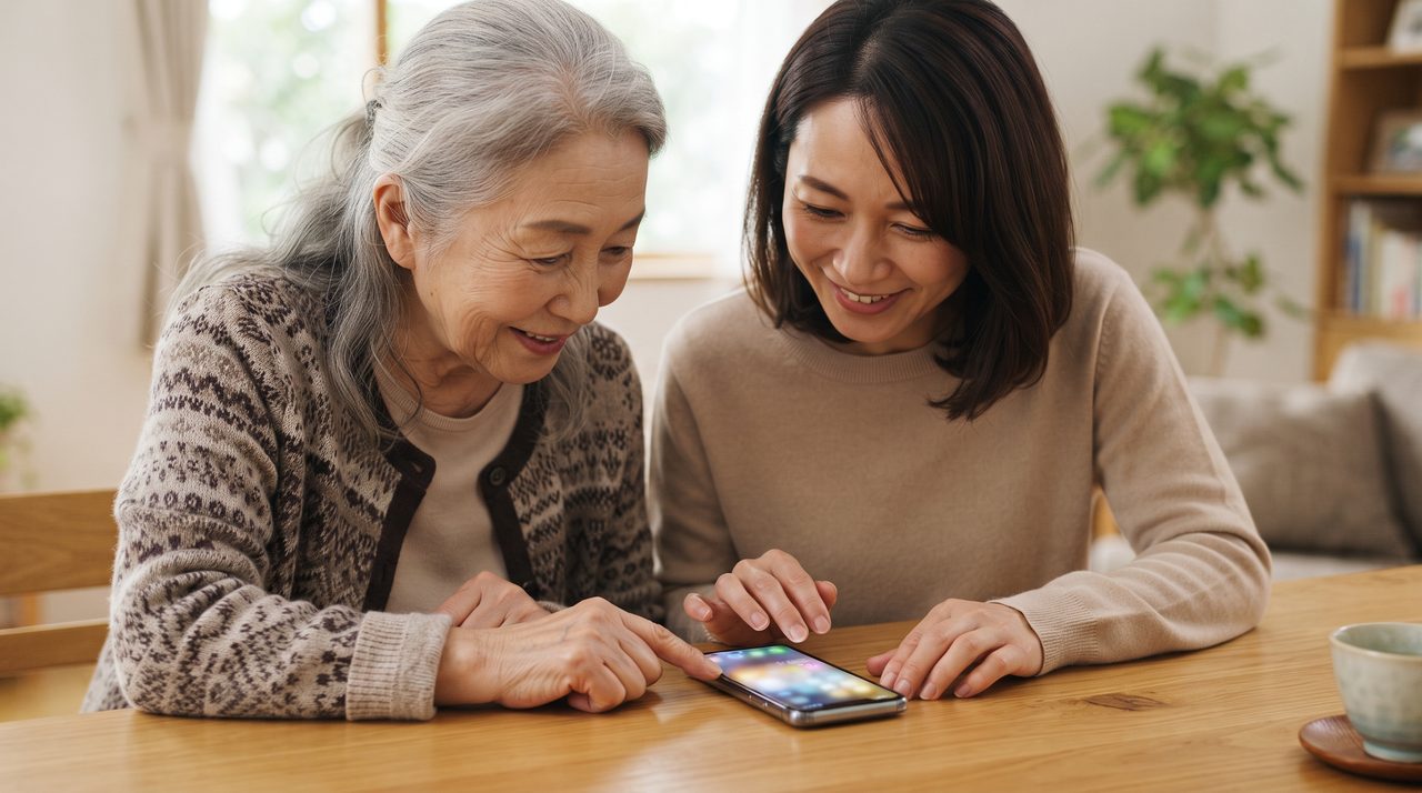 ダイニングテーブルで、高齢の女性と娘とみられる女性が並んで座り、1台のスマートフォンの画面(文字は判読できない程度にぼかされた設定画面風のUI)を一緒に覗き込んでいる手元と肩の高さのクローズアップ