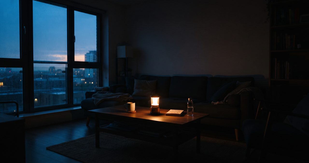 停電した薄暗いリビングで、テーブルの上に置かれた懐中電灯だけが小さな明かりを灯している様子、窓の外はまだ夕暮れで人物は写っていない