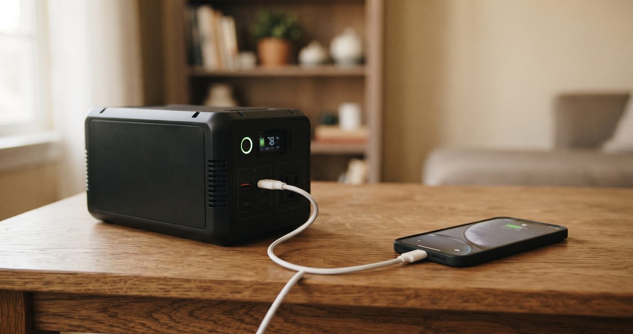 木製の棚の上に置かれた無地の黒いポータブル電源から、白いケーブルでスマートフォンが充電されている様子の中距離の物撮り、機器はやや引き気味の角度でメーカー名やロゴが判読できない