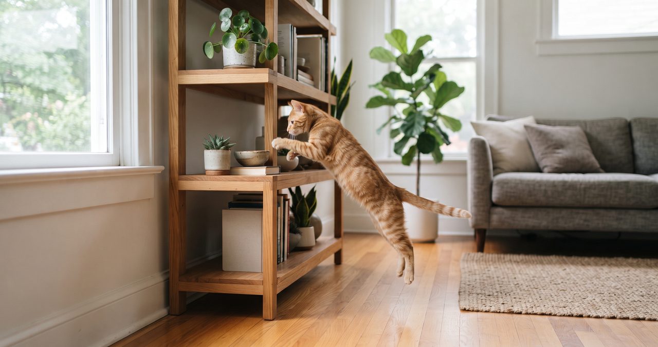 明るいリビングで、茶トラ猫が棚の上に軽やかに飛び乗ろうとしている瞬間、人物は写っておらず部屋全体が入る引きのショット
